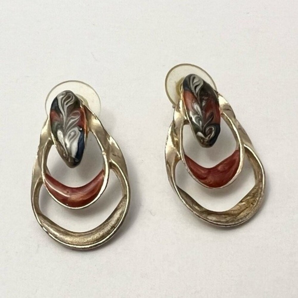Vintage Drop Earrings Handcrafted Silver Tone Painted Tiered Loop Studs